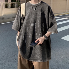 褪色水洗做旧T恤男款短袖夏季美式复古纯棉重磅五分半袖上衣体恤，男装T恤，电商B316