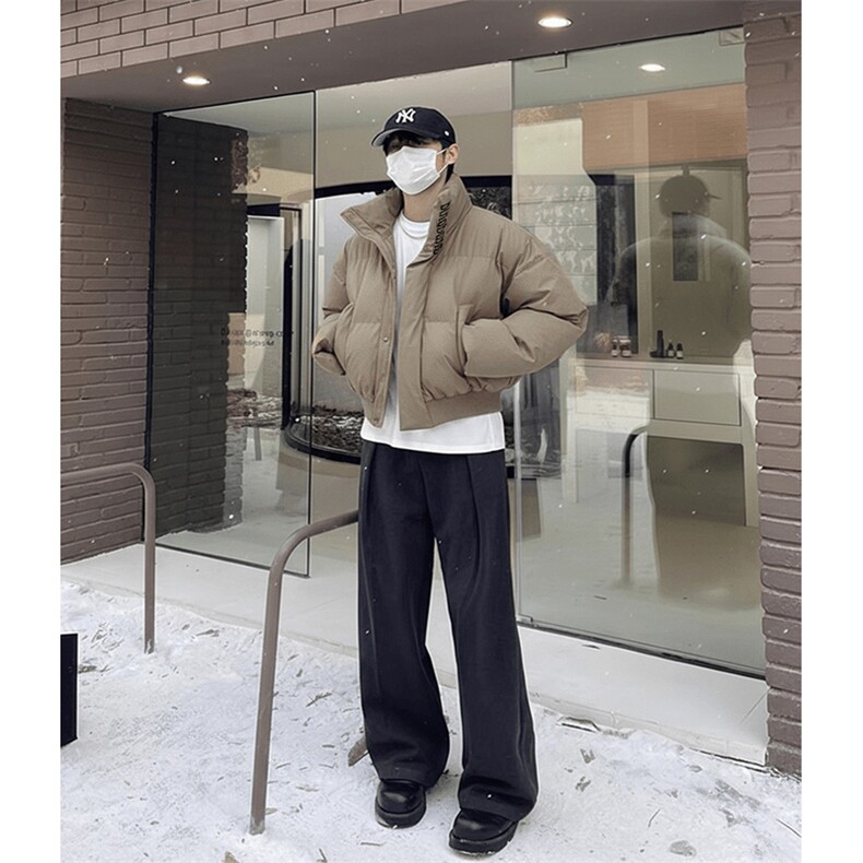 现货冬季三防重磅硬挺boxy短款羽绒刺绣立领PU皮棉衣外套加厚棉服,男装棉衣,电商A486