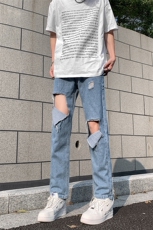 现货夏季破洞毛边五分牛仔裤浅蓝色乞丐中裤K065-K067-P35控58，男装牛仔裤，星座205