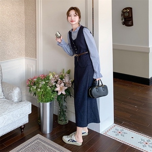深蓝色马甲套装裙女2025春季新款韩系高级感气质显瘦半身裙三件套图片