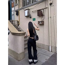 ins慵懒文艺简约日系气质印花双裤脚排扣弯刀牛仔裤流行新款潮流，男装牛仔裤，星座506A