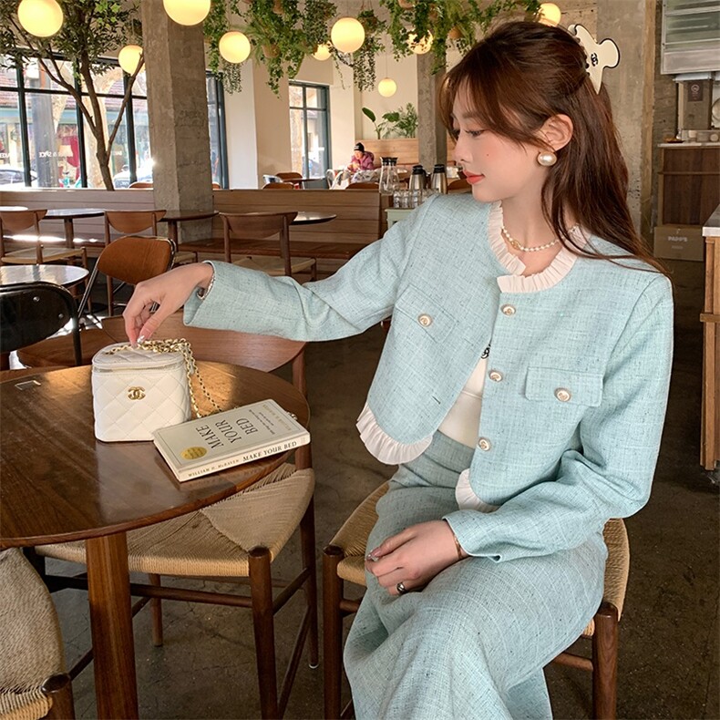 蓝色小香风套装裙女秋季2025新款法式名媛气质高级感半身裙两件套,女装套装/套裙,2C203