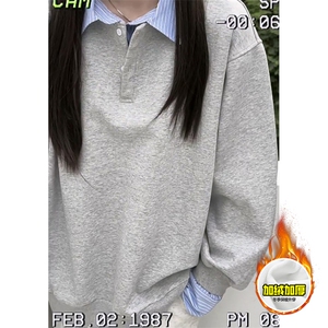 重磅加绒硬挺boxy男女美式高街假两件衬衫领长袖卫衣POLO领打底衫图片