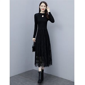 2023秋季新款半高领镂空线衣配蕾丝长款打底连衣裙，女装连衣裙，安之芮娜
