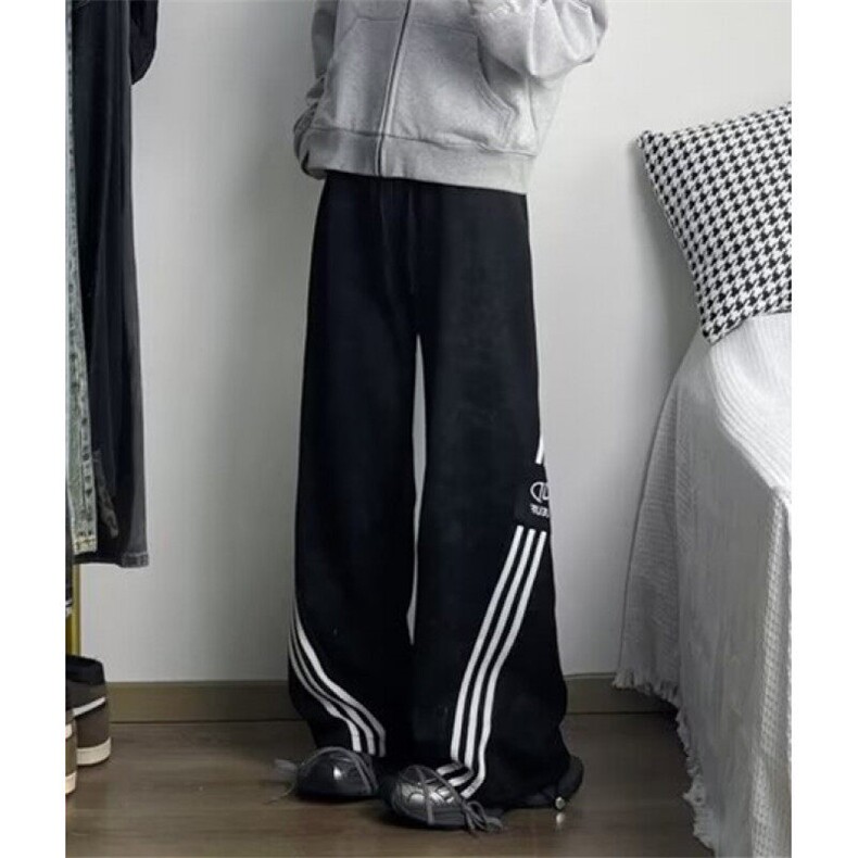 刺绣拼接杠条阔腿裤男女同款秋慵懒系带高腰休闲工装长裤KM979,男装休闲裤,星座1116A-1（原606A）