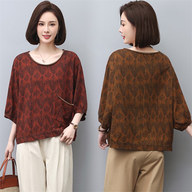 云雾里原创设计复古文艺松弛感随性舒适纯棉印花圆机针织T5063，女装T恤，璐依舞