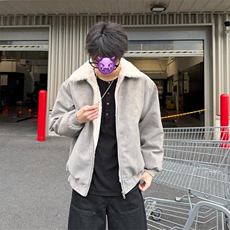 现货重磅硬挺boxy羽绒棉衣座山雕羊羔毛领洗水麂皮棉服冬外套，男装棉衣，电商A486-1