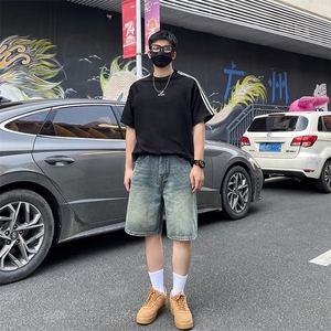 美式复古牛仔短裤男夏季新款水洗做旧宽松直筒五分裤A6106-P45图片