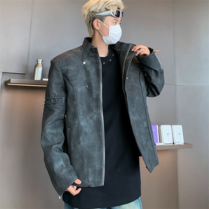 美式春秋做旧皮夹克男士街头机车风垫肩外套立体廓形潮牌上衣图片