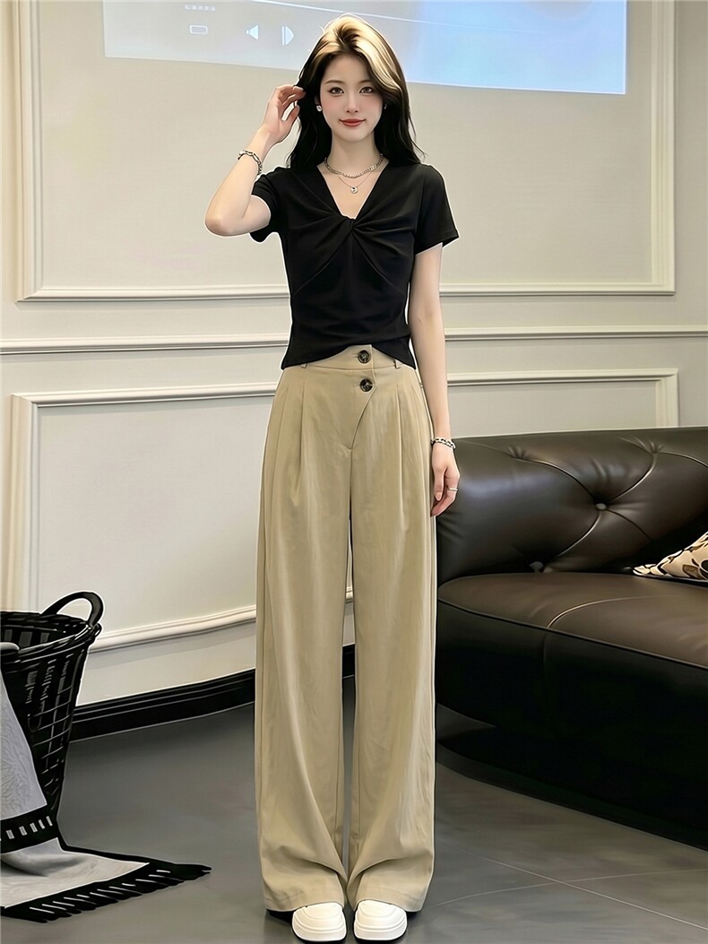 欧韩时尚套装女夏新款黑色V领扭结设计短袖上衣弯刀休闲裤两件套,女装套装/套裙,江南