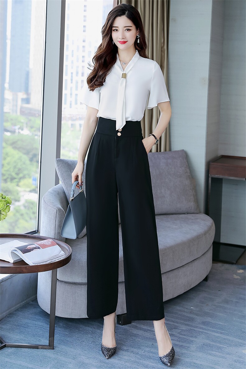 轻熟风职业女夏季2024新款露肩条纹衬衫阔腿裤垂感显瘦,女装休闲裤,海爱依仁