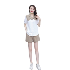 两件套2023夏季新款质感撞色拼接衬衫裤子套装女，女装套装/套裙，雅佳俏