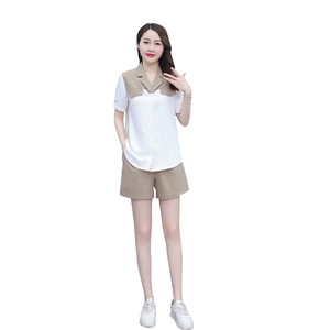 两件套2023夏季新款质感撞色拼接衬衫裤子套装女图片