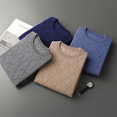 秋冬季新款舒适时尚百搭一线成衣圆领菱形格提花35%羊绒衫，男装羊绒套衫，雅之冉羊绒