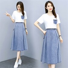 2021夏季新款简约时尚气质减龄圆领牛仔半身裙两件套，女装套装/套裙，天丝秀