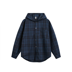 蓝色磨毛格子衬衫男款春秋季2025新款休闲百搭情侣连帽衬衣服外套，男装衬衫，电商A003