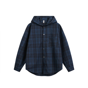 蓝色磨毛格子衬衫男款春秋季2025新款休闲百搭情侣连帽衬衣服外套图片