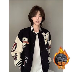 潮牌字母龙凤尼拼皮棒球服外套男女秋冬季复古宽松潮流情侣夹克图片