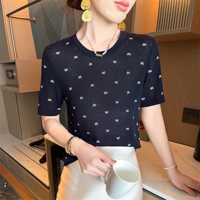 薄款细支精纺羊毛针织短袖女春夏圆领印花半袖套头内搭外穿T恤衫,针织衫/毛衣,广悦羊绒