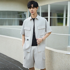 休闲套装男夏季薄款衬衫男士短袖短裤两件套衬衣帅气3388-P70，男装休闲套装，电商A355（原A415）