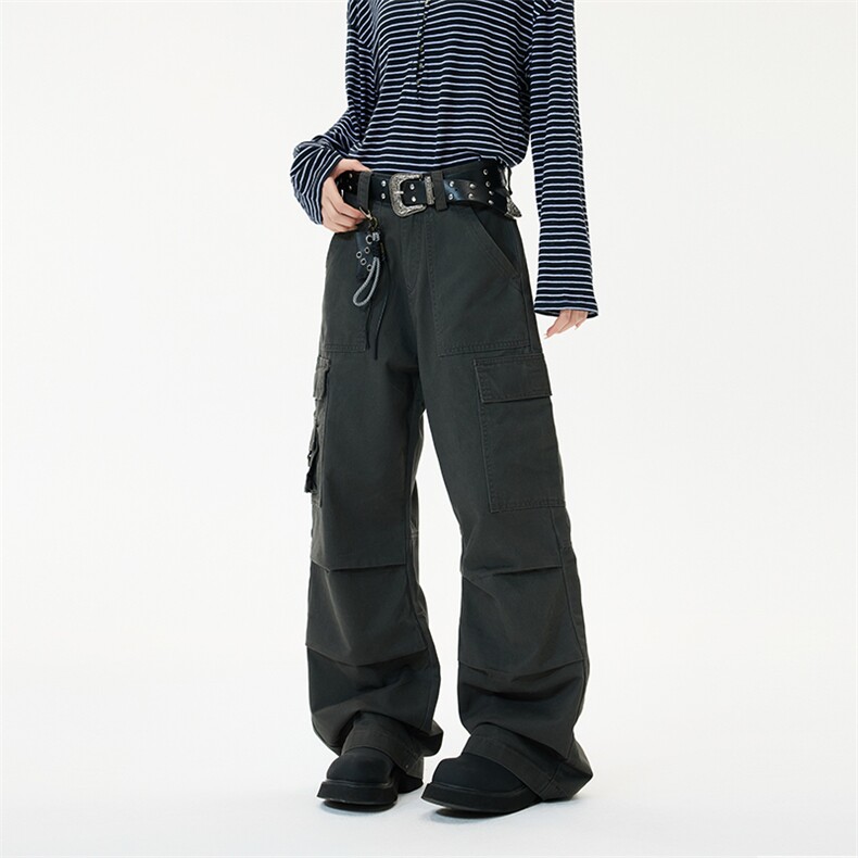 小众美式褶皱伞兵工装裤男口袋宽松直筒垂感休闲长裤子YD9042-P75，男装工装外套，星座509