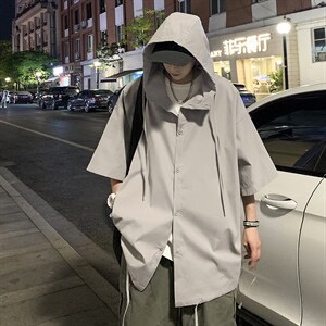 美式街头衬衫男oversize连帽冰丝短袖衬衣夹克外套MWJ52P35图片