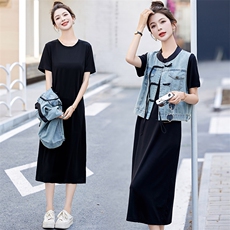 现货洋气短袖牛仔套裙女2024夏季新款时尚优雅范牛仔两件套，女装套装/套裙，涵墨