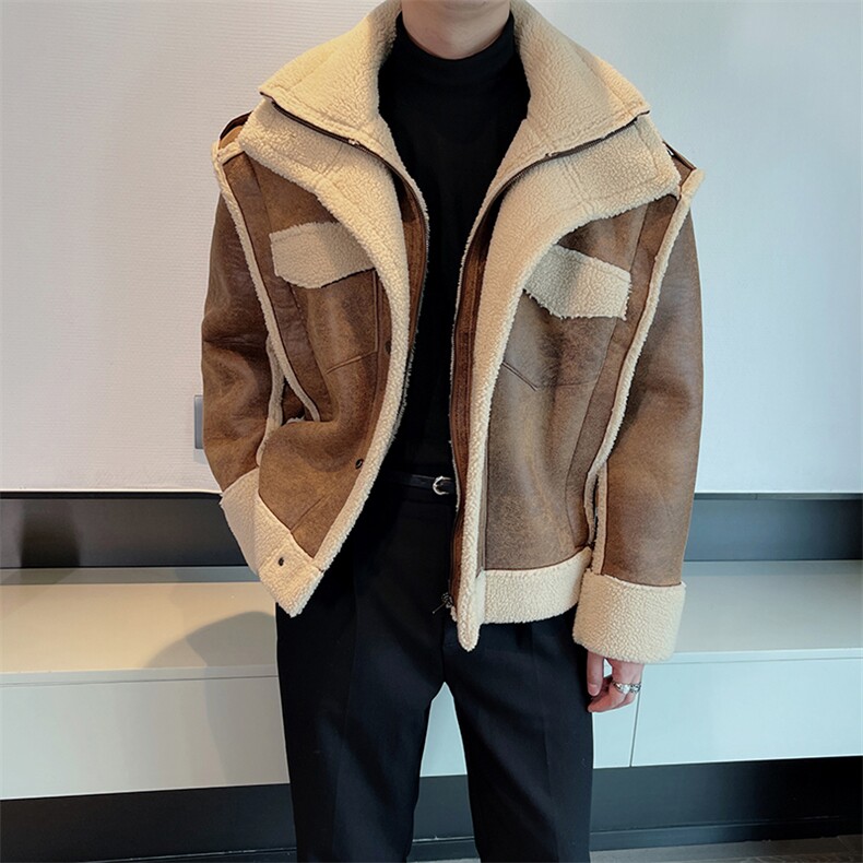 冬季新款美式机车美拉德复古皮毛一体夹克棉服保暖外套M137-P165,男装夹克,电商B267