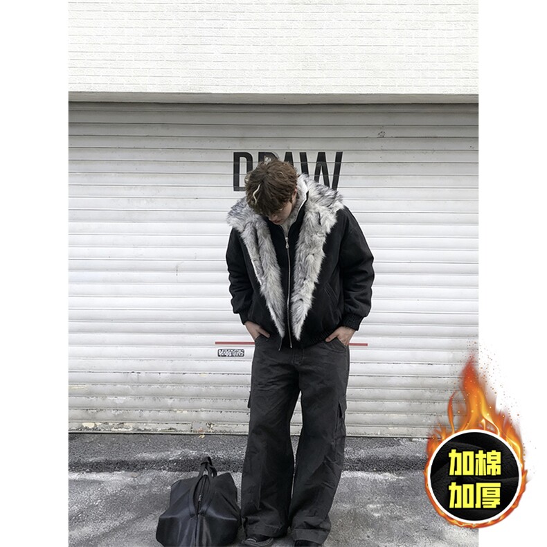 现货高品质美式高街重磅狼王座山雕毛毛领假两件棉衣加厚棉服外套，男装棉衣，电商A443