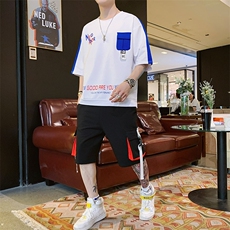 夏季圆领棉质宽松T恤套装男短袖五分短裤休闲两件装男装F161P70，男装休闲套装，电商A086