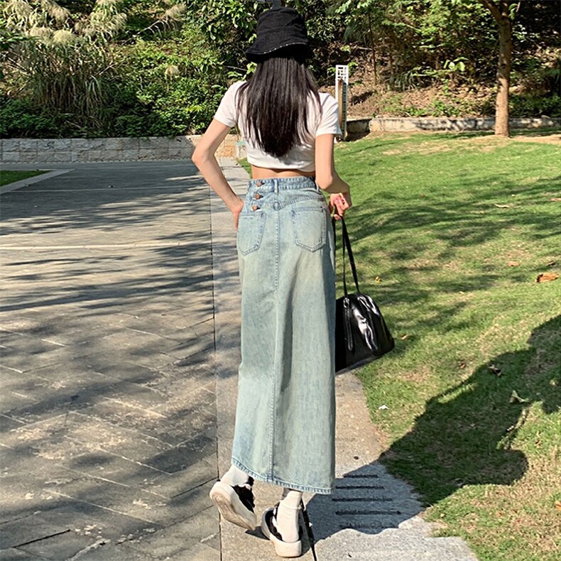 高腰开叉牛仔半身裙女2025新款夏季遮胯a字美式摆裙包臀中长裙子图片