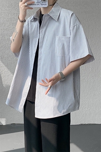8XL-M 条纹短袖衬衫男夏季宽松慵懒风痞帅大码衬衣外套DC28001P40图片