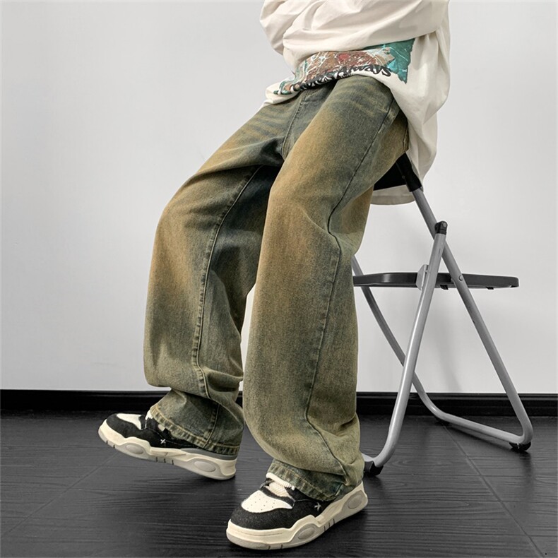 水洗复古蓝牛仔裤男高街vibe裤子复古阔腿裤A080-9003-P50控68,男装牛仔裤,电商A080