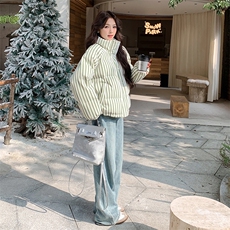 绿色条纹羽绒服女冬季2025新款高级感韩系设计感学院风加厚面包服，女装羽绒服，浙宝193A