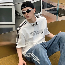 夏季美式高街重磅纯棉三条杠织带撞色男女短袖T恤STG190特P25，男装T恤，电商A486