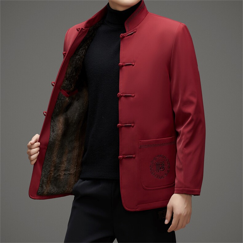 爷爷唐装男士盘扣外套中老年加绒加厚结婚礼服爸爸风红色套装,男装休闲套装,电商B212（原钱塘6029）