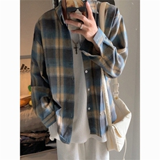 美式复古chic格子衬衫男女设计感小众宽松长袖衬衣潮CS099-p35，男装衬衫，星座1008