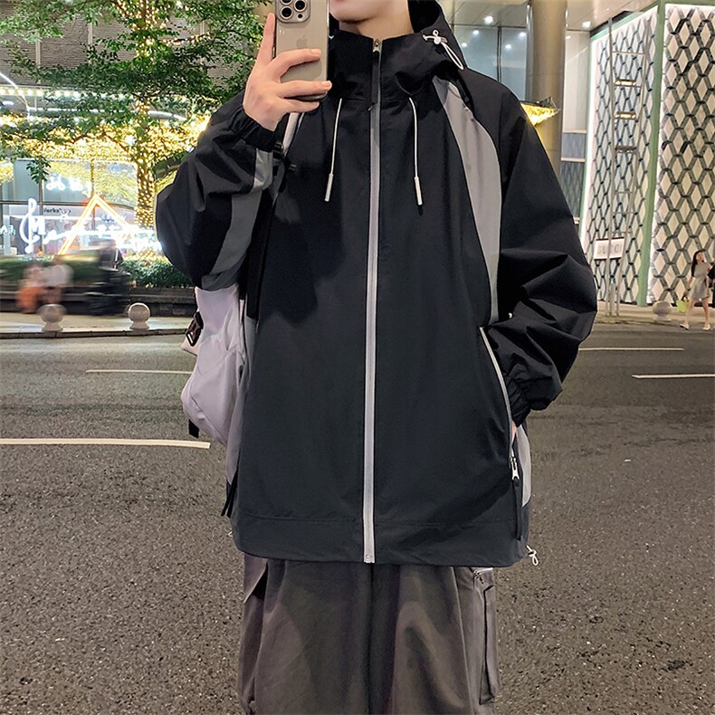 港风新款外景二开宽松夹克男撞色冲锋衣连帽外套MYJ24-7837-P70,男装夹克,星座717
