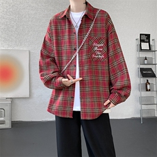 衬衫男秋季新款港风宽松大码刺绣格子衬衣CS121-P35，男装衬衫，星座214-3