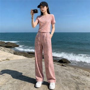 潮牌时尚休闲运动套装女夏季新款粉色扎染圆领短袖上衣长裤两件套