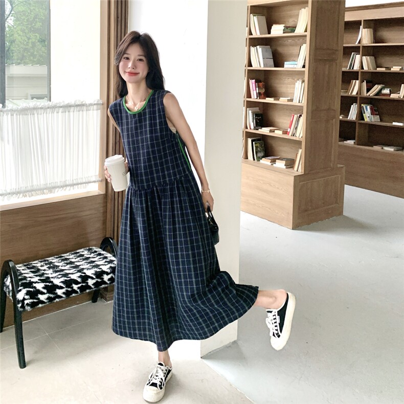 法式复古藏青色格子圆领无袖背心裙夏季宽松长款度假吊带连衣裙女,女装连衣裙,2C211