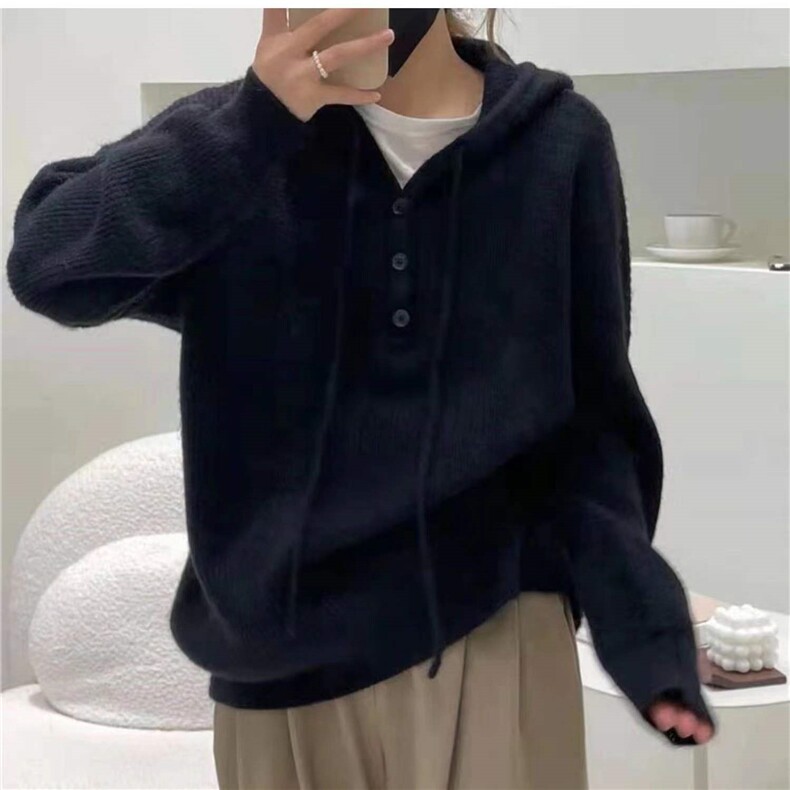 秋冬新款显瘦高级感保暖连帽针织衫时尚百搭宽松长袖毛衣外套,针织衫/毛衣,圣旺供货