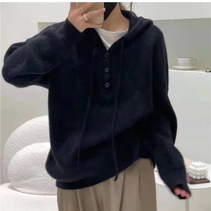 秋冬新款显瘦高级感保暖连帽针织衫 时尚百搭宽松长袖毛衣外套图片