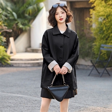 装饰扣简约中长款风衣2025春季新款条纹卷袖外套韩系西装领女流行，女装皮衣，潮流依族