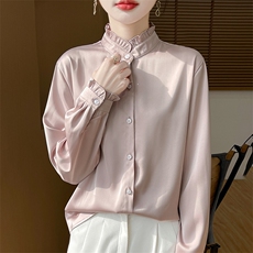 花边领纯色长袖气质单排扣简约干练衬衫，女装衬衫，朝贺羊绒