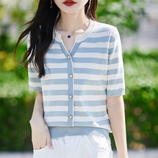 条纹纯棉针织衫女夏季薄款2025新款时尚拼色宽松透气v领短袖t恤潮，女装针织衫/毛衣，斯美雅电商供货