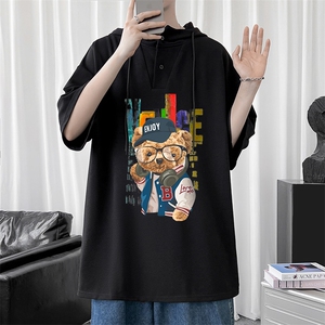 LD54211-P45 连帽短袖t恤男大码胖子带帽五分袖中袖图片