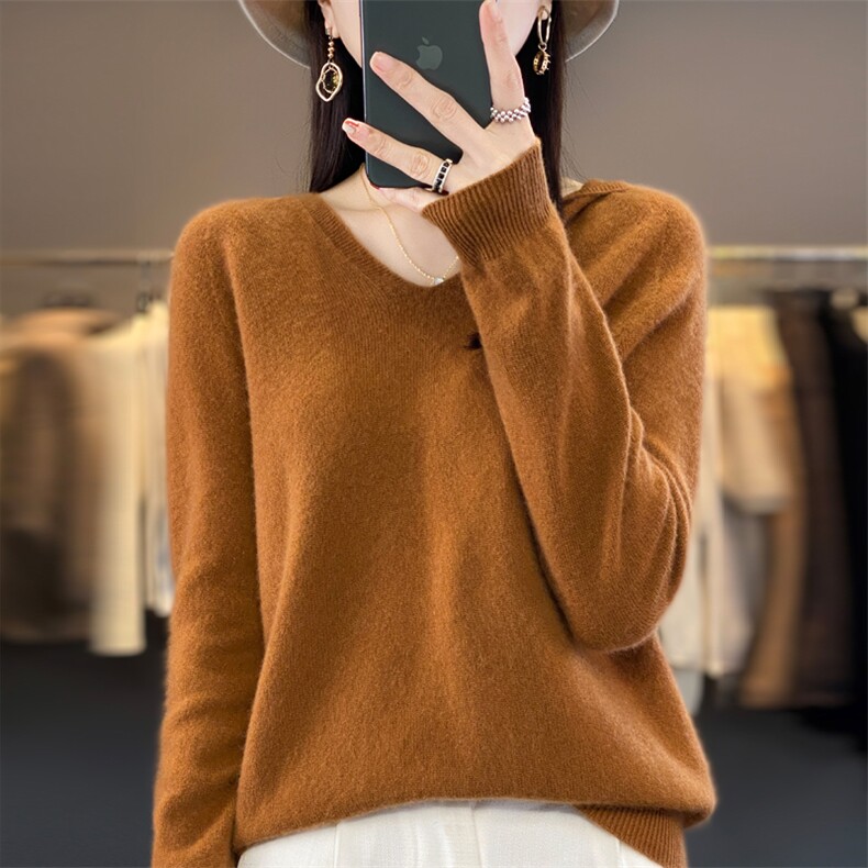 2025新款连帽女V领带帽毛衣宽松卫衣针织打底帽衫,女装羊毛衫,大美人高端店