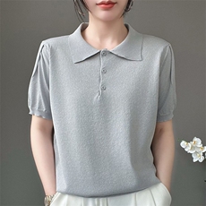 肌理感弹力白搭显瘦POLO领鎏金纱天丝针织短袖女气质纯色翻领上衣，女装T恤，暖姿羊绒