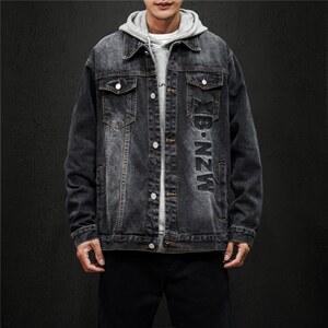 jk821-p85 M-5XL黑墙ins牛仔夹克绣花破洞大码男日系CITYBOY图片